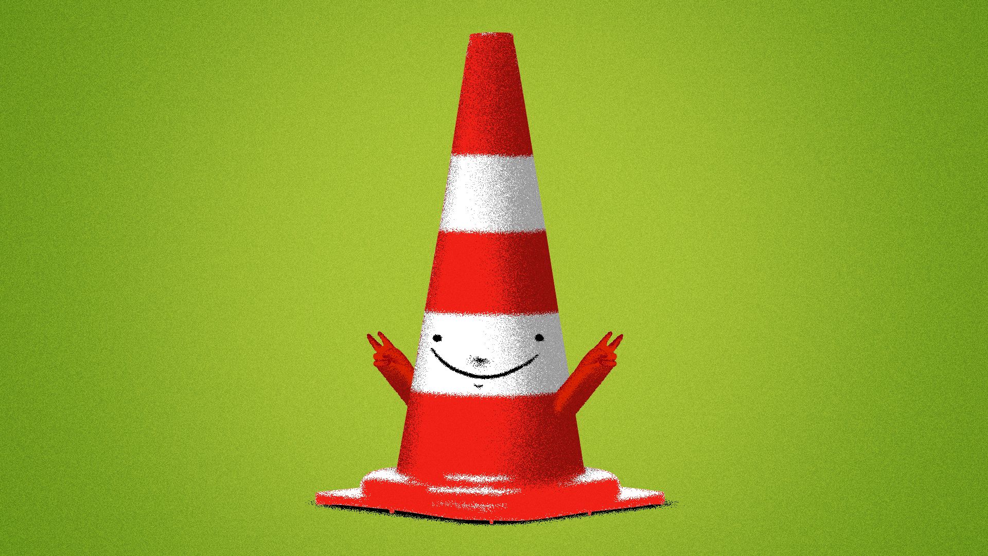 Illustration of a red and white striped traffic cone with a smiling face and two small orange arms making peace signs, set against a green background.