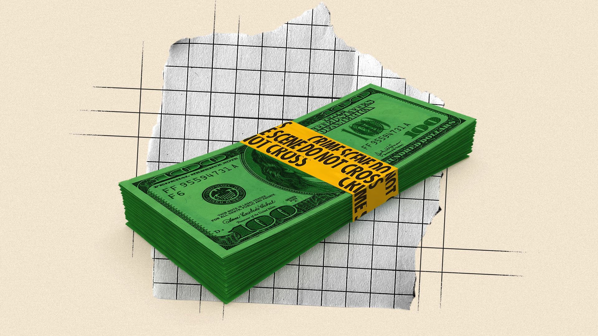 Illustration of a collage of a stack of money wrapped in crime scene tape with a scrap of paper in the background.