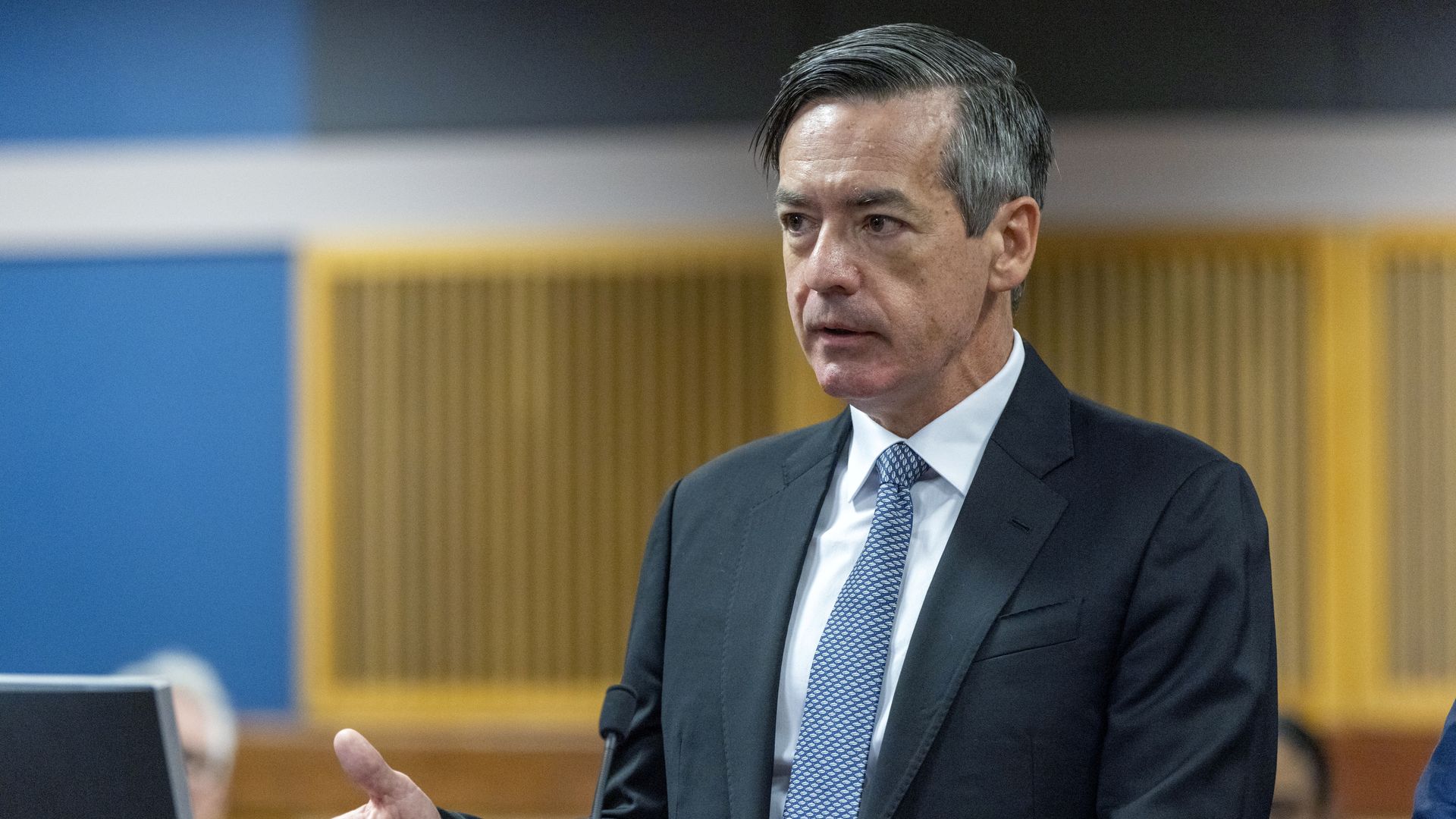 Kenneth Chesebro speaks to Fulton County Superior Court Judge Scott McAfee during a hearing where Chesebro accepted a plea deal from the Fulton County District Atorney at the Fulton County Courthouse October 20, 2023 in Atlanta, Georgia.