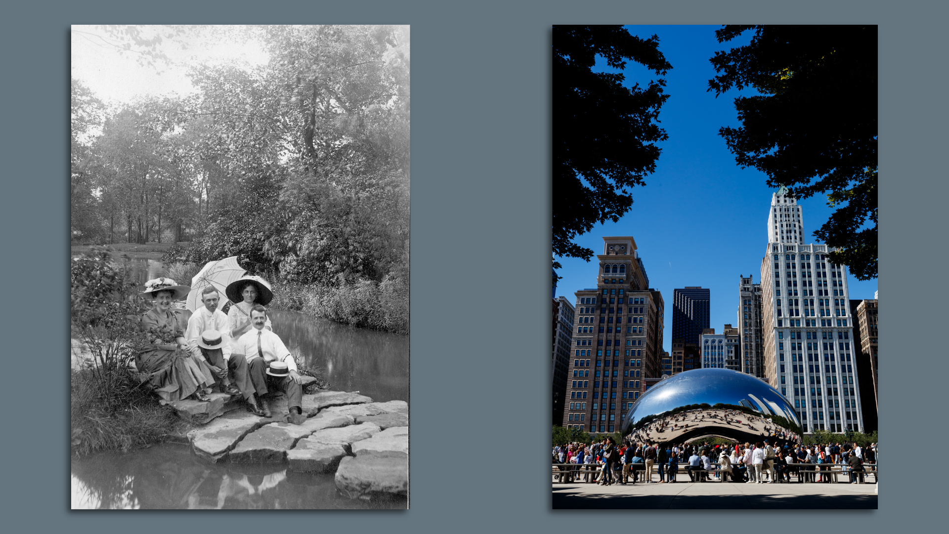 Side-by-side photos. On the left, a black-and-white photo shows two hat-wearing women, one carrying an umbrella, and two men sit on stones by the Humboldt Park lagoon. On the right, a large group of people surrounds the "Cloud Gate" sculpture in Millennium Park.