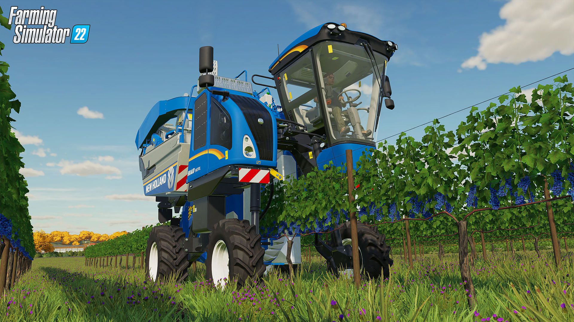 Video game screenshot of a blue farm machine driving down a row of plants