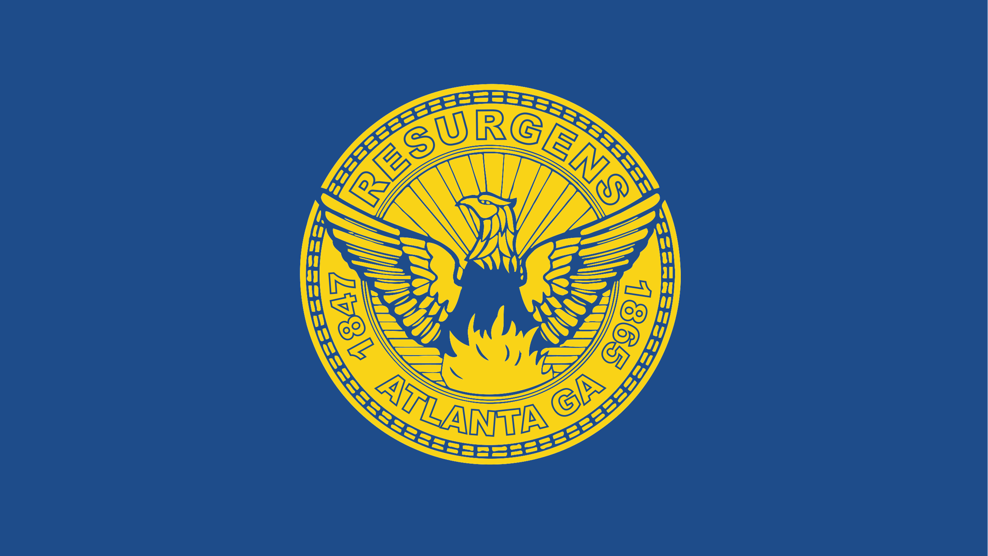 A rendering of the City of Atlanta flag depicting the city seal showing a bird rising from the ashes on a deep blue background