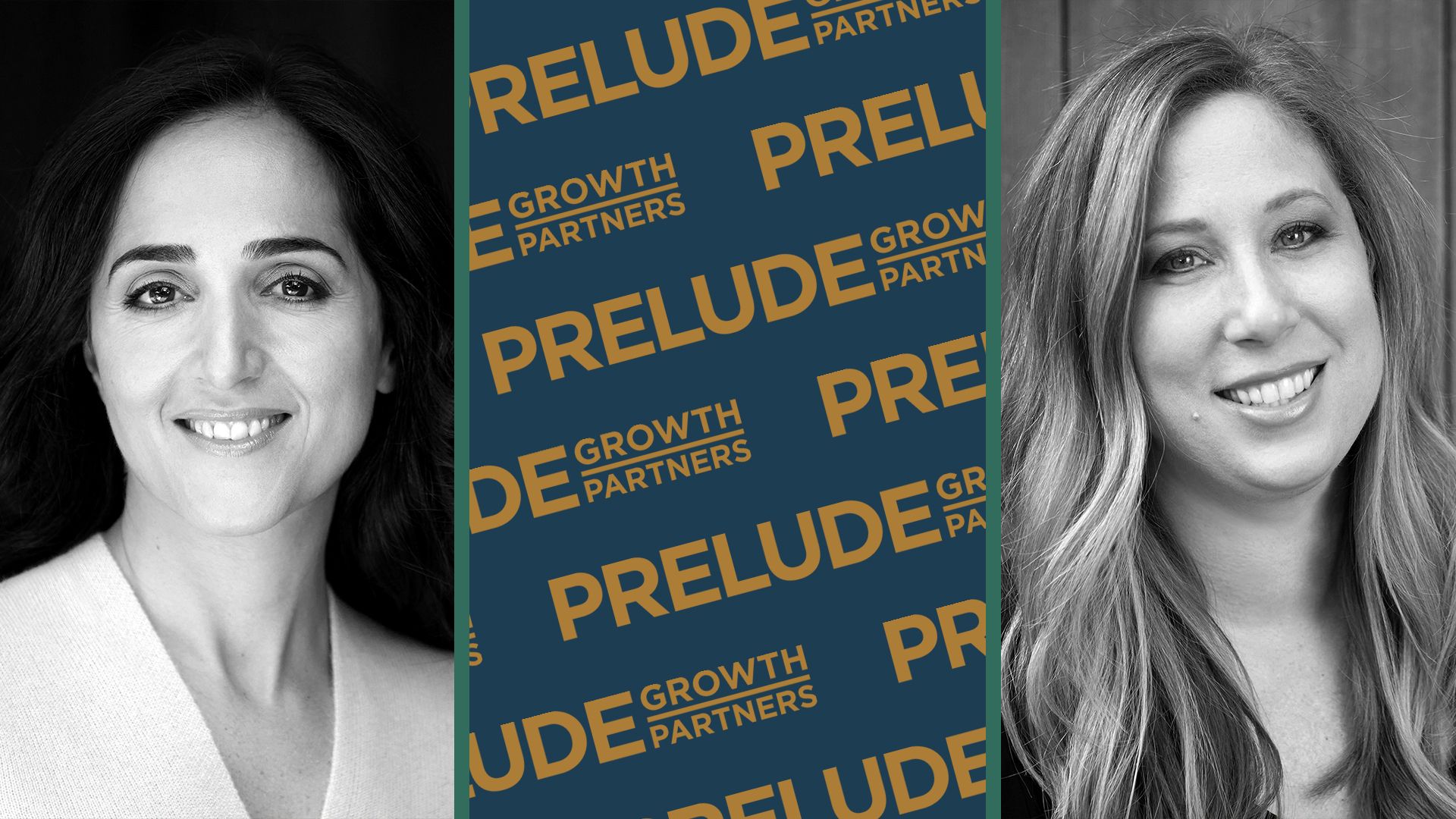 Photo illustration of Neda Daneshzadeh and Alicia Sontag with a pattern of Prelude Growth Partners logos between them.