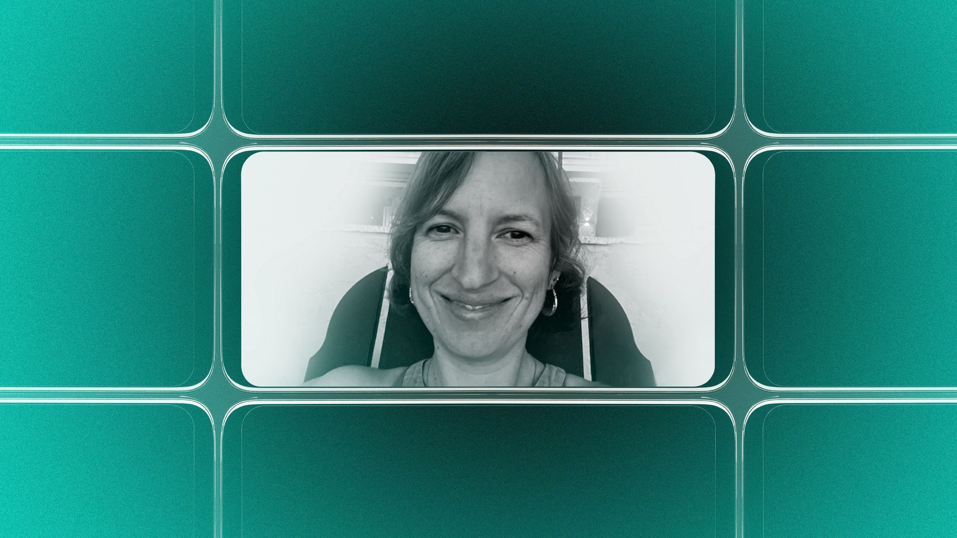 Photo illustration of a grid of smartphone screens, the center one showing an image of Christine Mendonça.