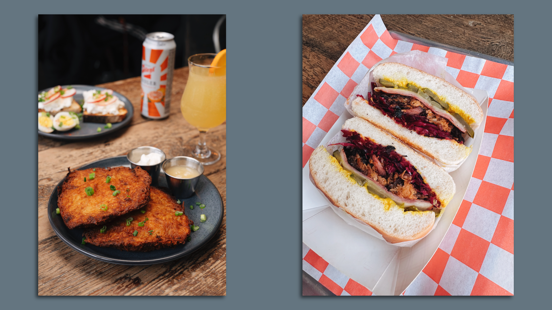 potato pancakes and pork sandwiches