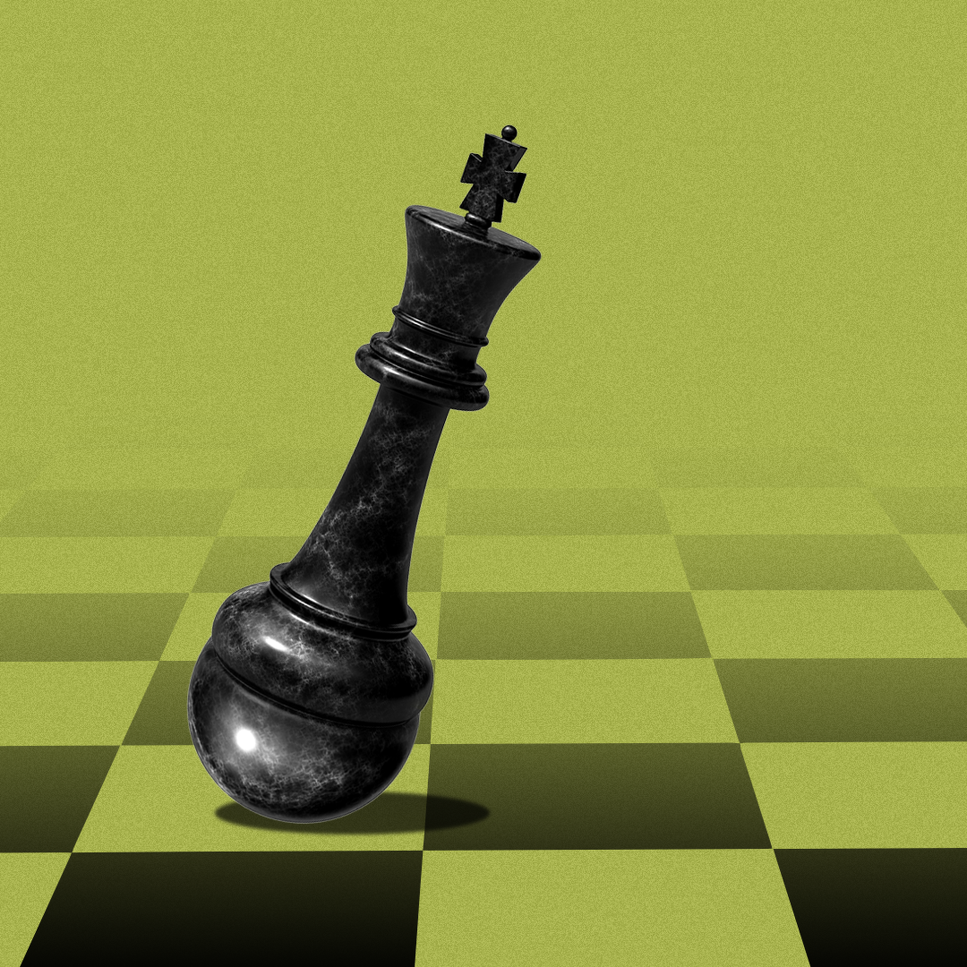Illustration of a wobbling king chess piece that won't fall down.