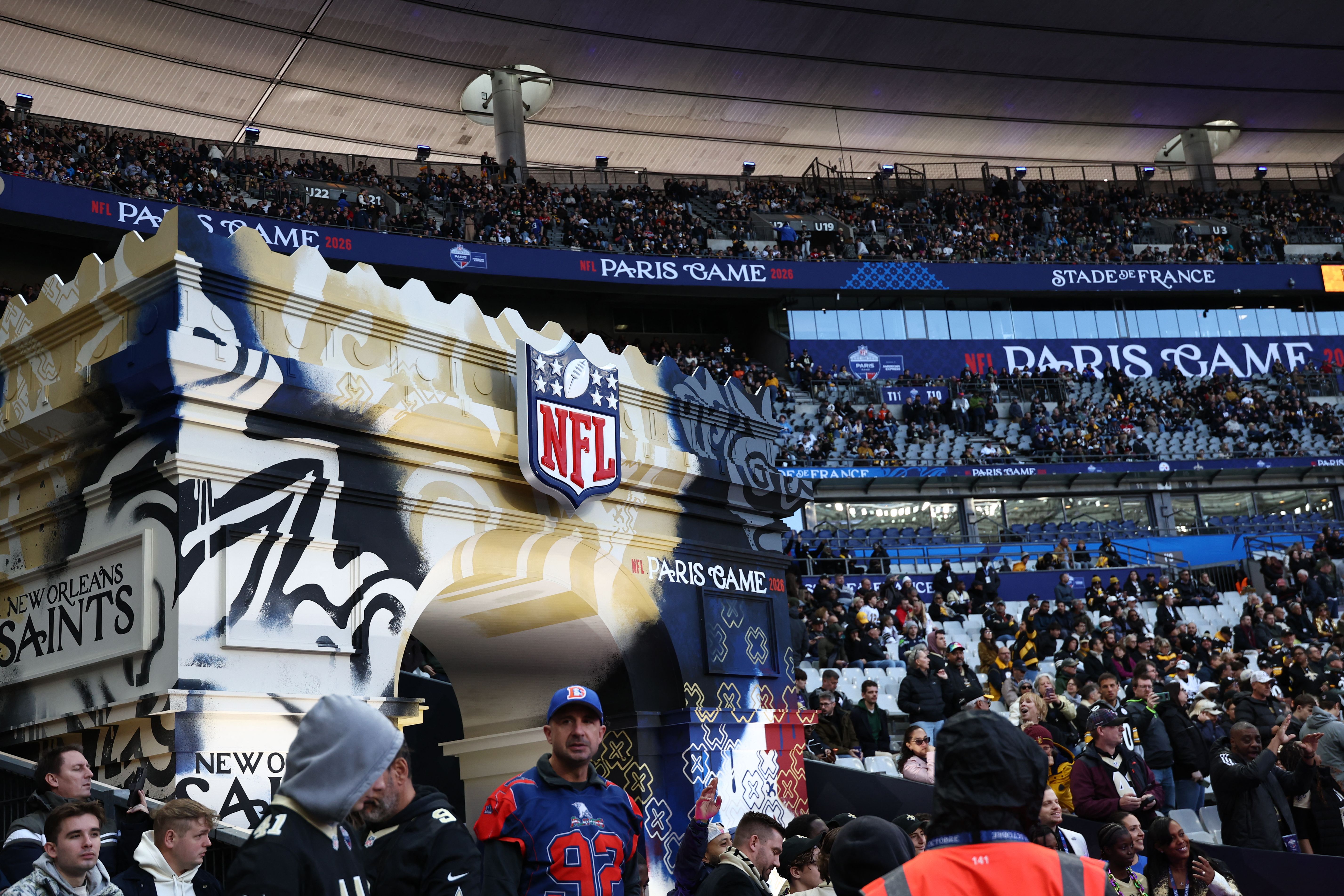 A custom-built Arc de Triomphe entrance portal for player introductions at the Steelers-Saints game at the Stade de France in Saint-Denis near Paris.