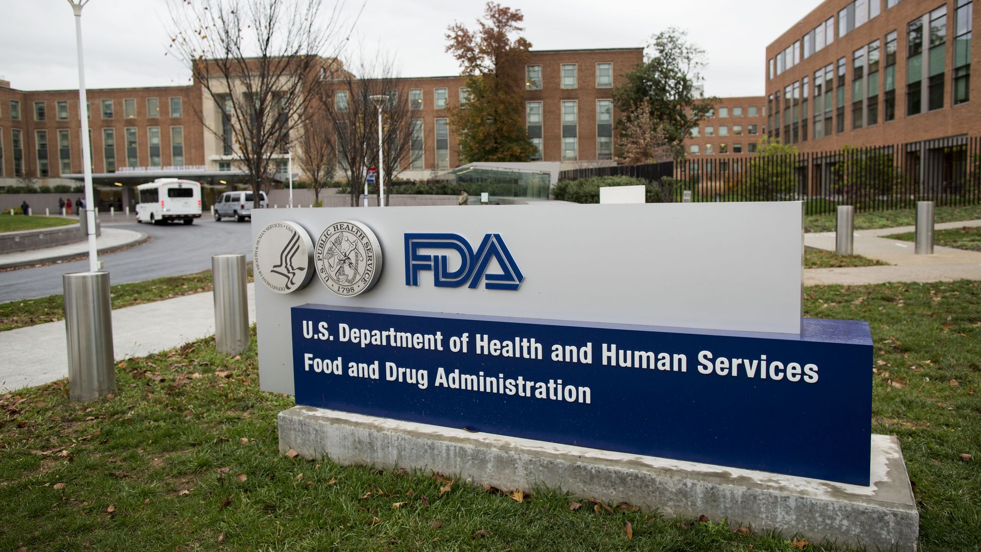Blue and white FDA sign at the FDA headquarters building.