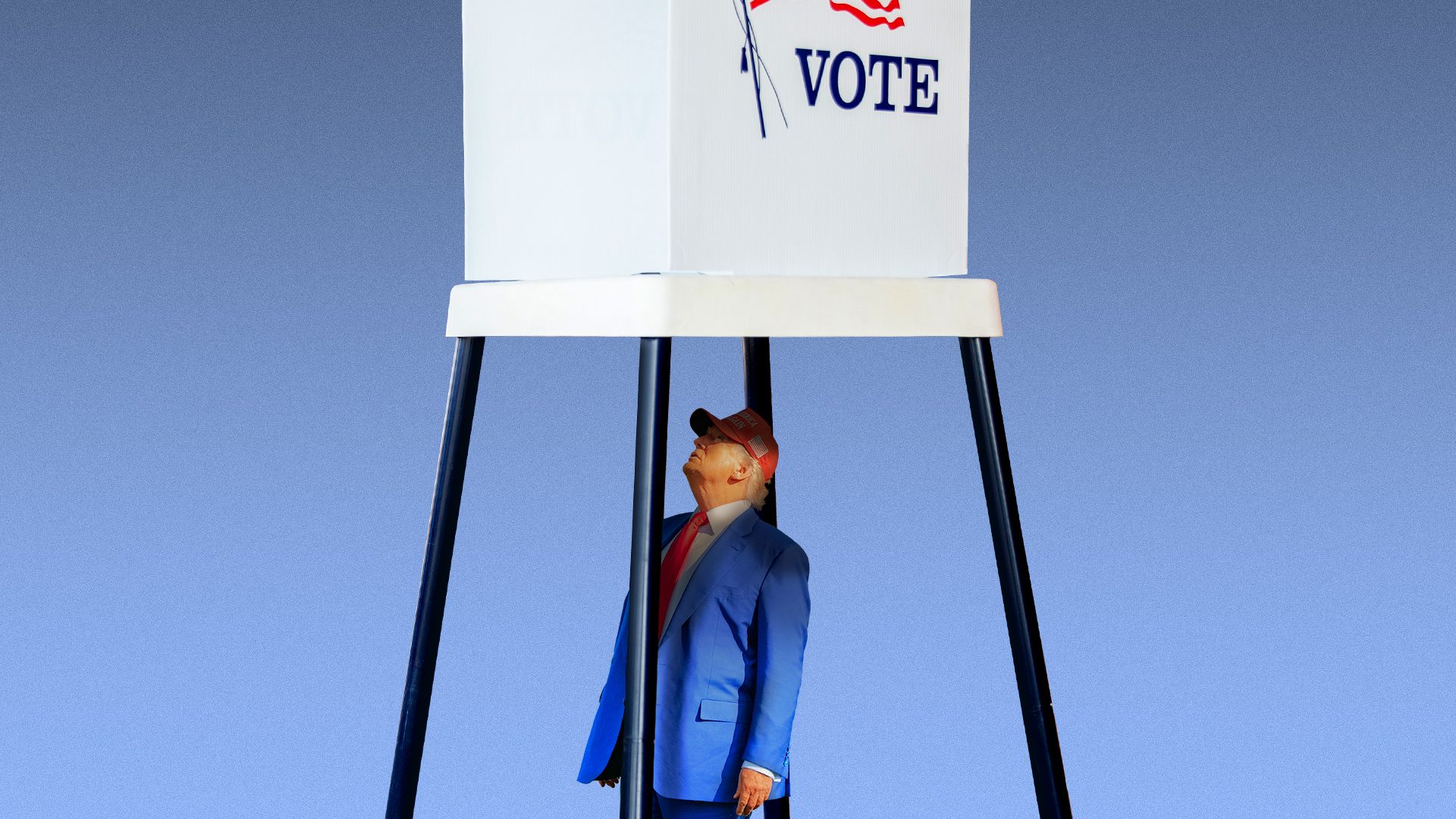 Photo illustration of President Trump looking up beneath a giant voting booth