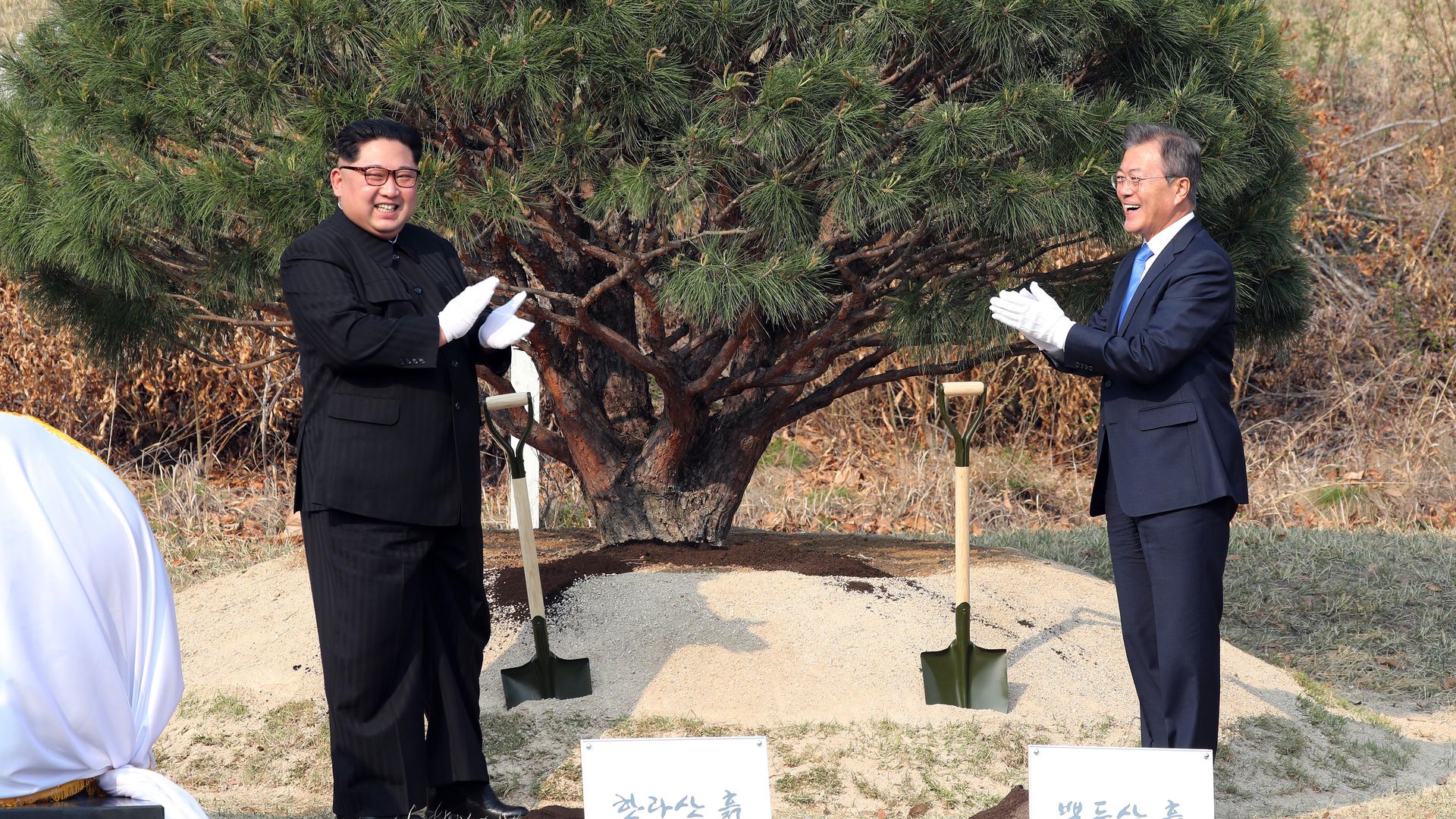 North Korean leader Kim Jong Un and South Korean President Moon Jae-in at a tree planting ceremony during the Inter-Korean Summit on April 27, 2018 in Panmunjom, South Korea.