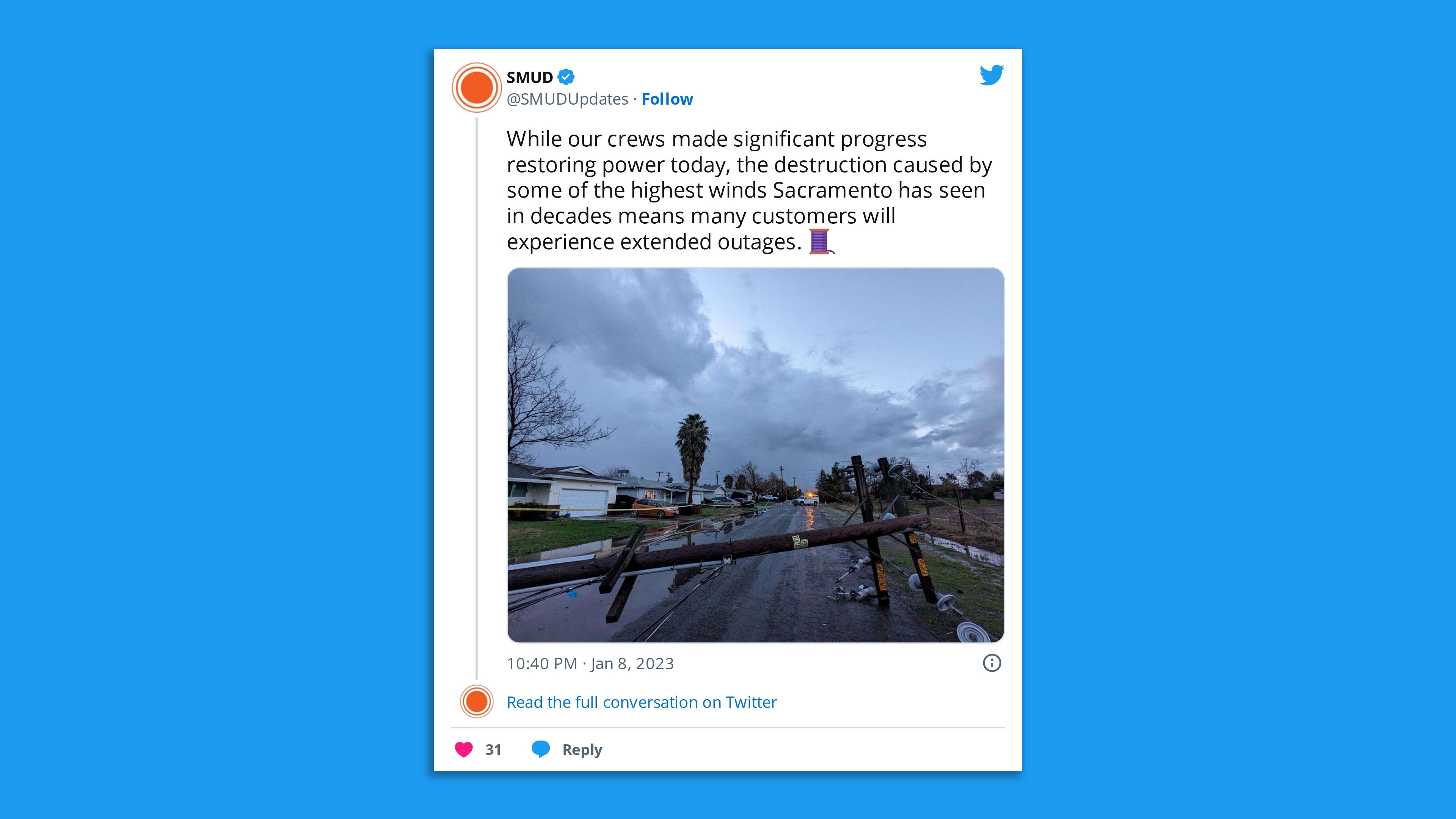 A screenshot of a tweet from a Sacramento utility provider warning of widespread outages from the storm's powerful winds.