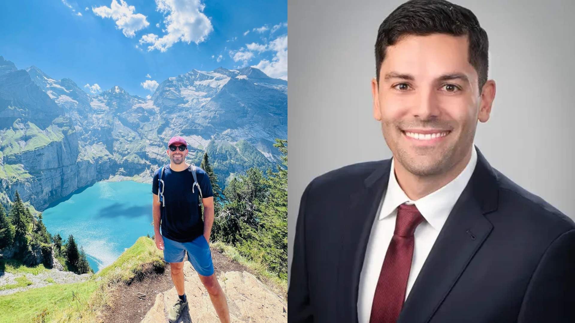 Side-by-side images featuring the same individual: one casually dressed outdoors by a scenic mountain lake, and the other a professional portrait in formal business attire.