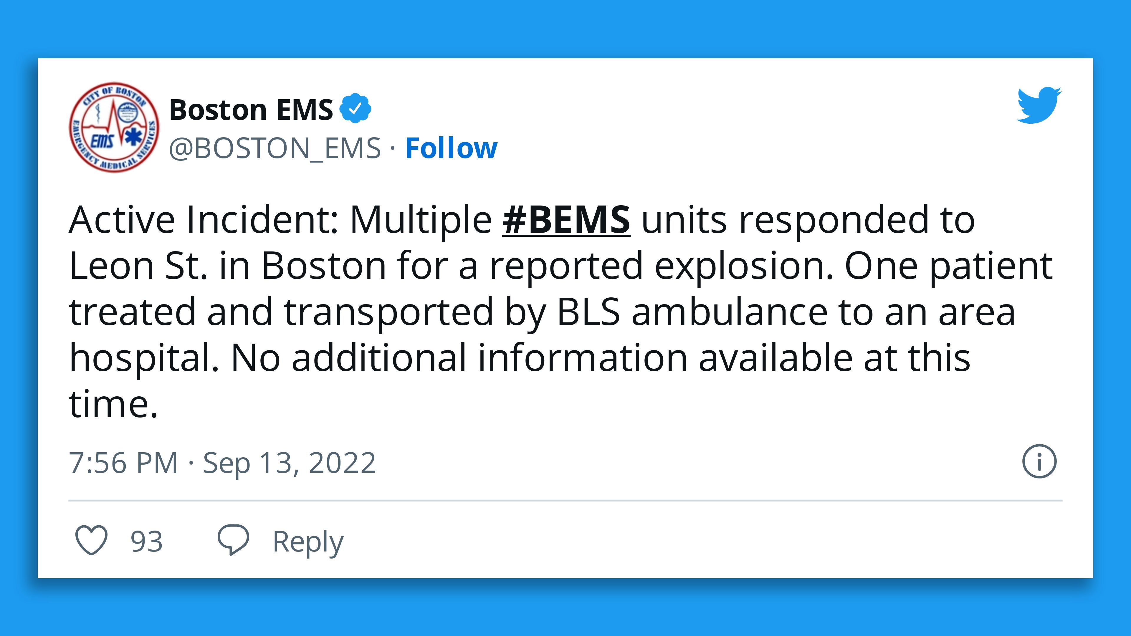 A screenshot of a Boston EMS tweet about responding to reports of an explosion that injured one person at Northeastern University in Boston.