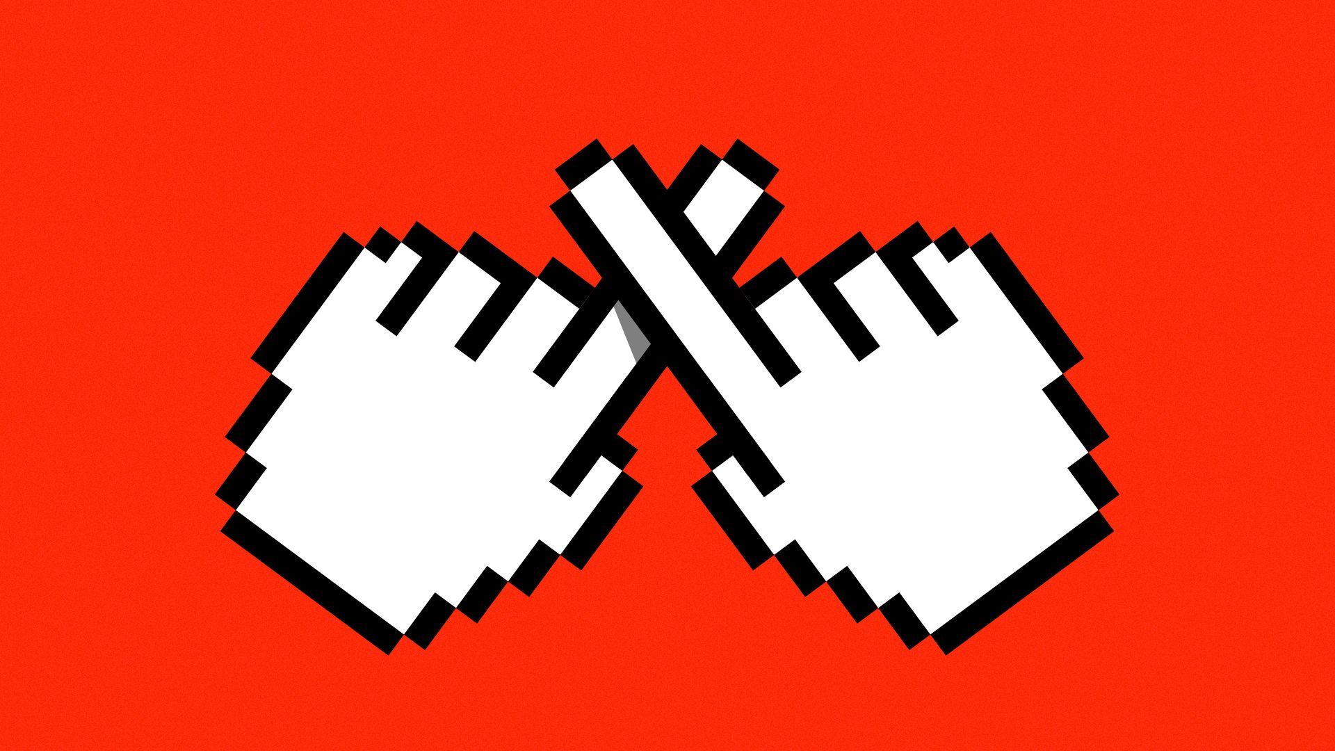 Illustration of two pointing hand cursors making an "X" sign out of the fingers. 