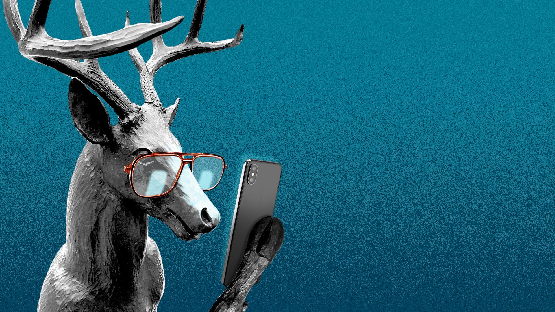 Photo illustration of one of the Scioto Lounge deer scupltures, wearing glasses and reading its phone.