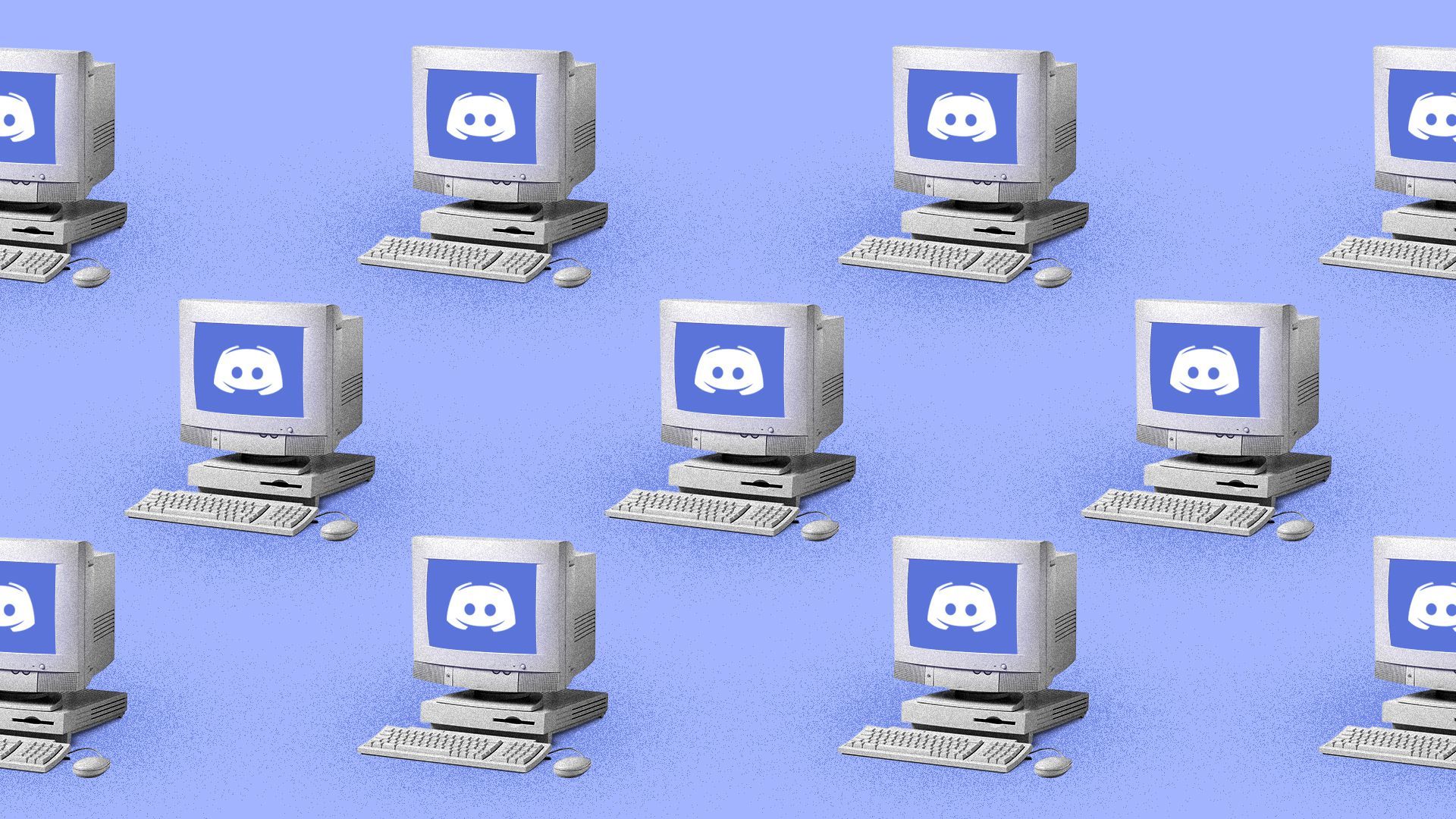 Illustration of a repeating pattern of computers with the Discord logo displayed on the screen. 