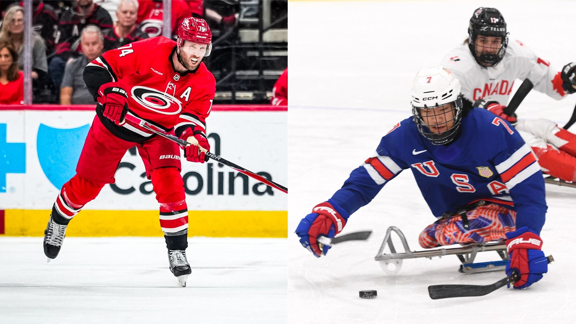 Carolina Hurricanes ice hockey player Jaccob Slavin and Team USA sled hockey Paralympic athlete Kayden Beasley, both playing on the ice in separate images side-by-side.