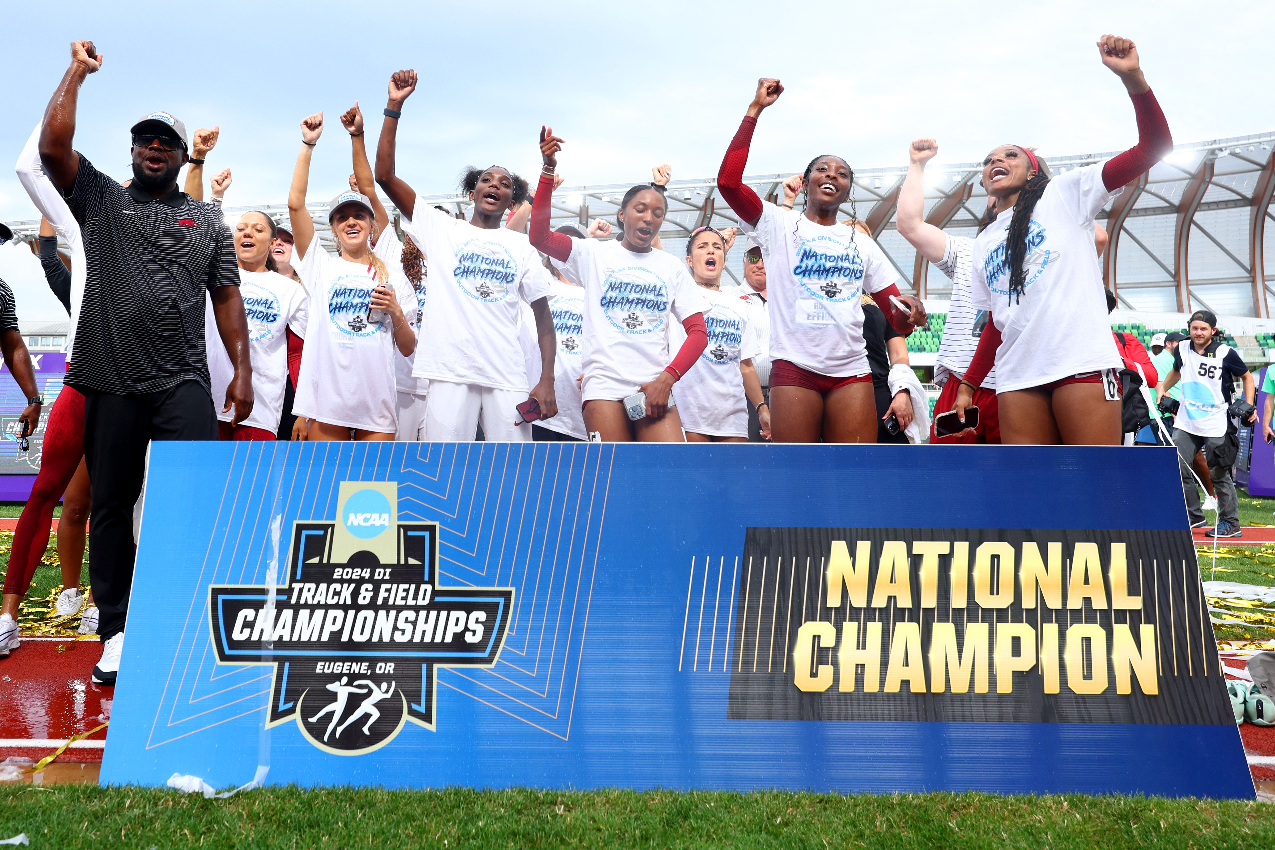 Sanu Jallow celebrates winning the NCAA national championship with Arkansas. 