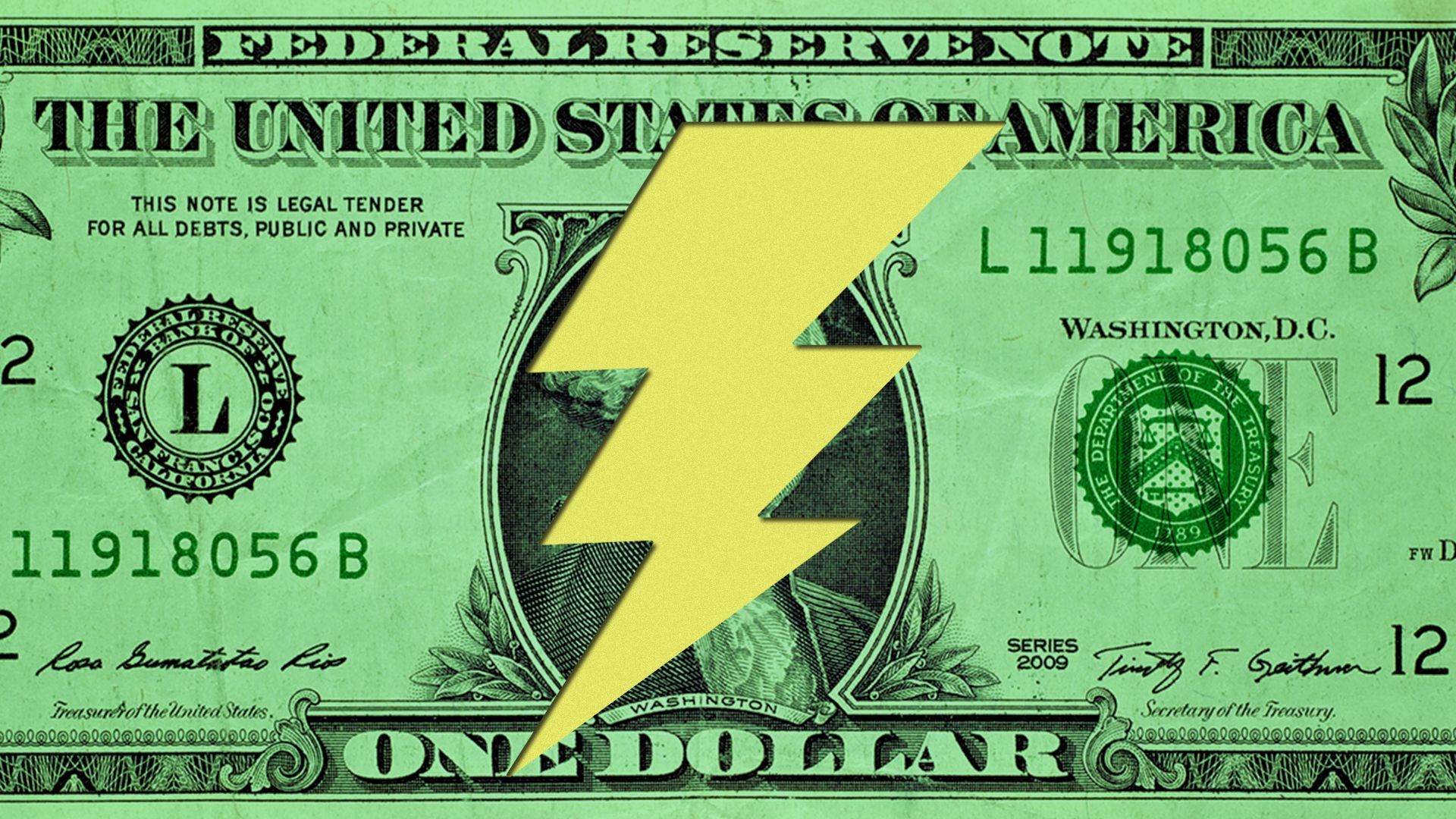 an illustration of a one dollar bill with a lightning bolt cut out of the middle