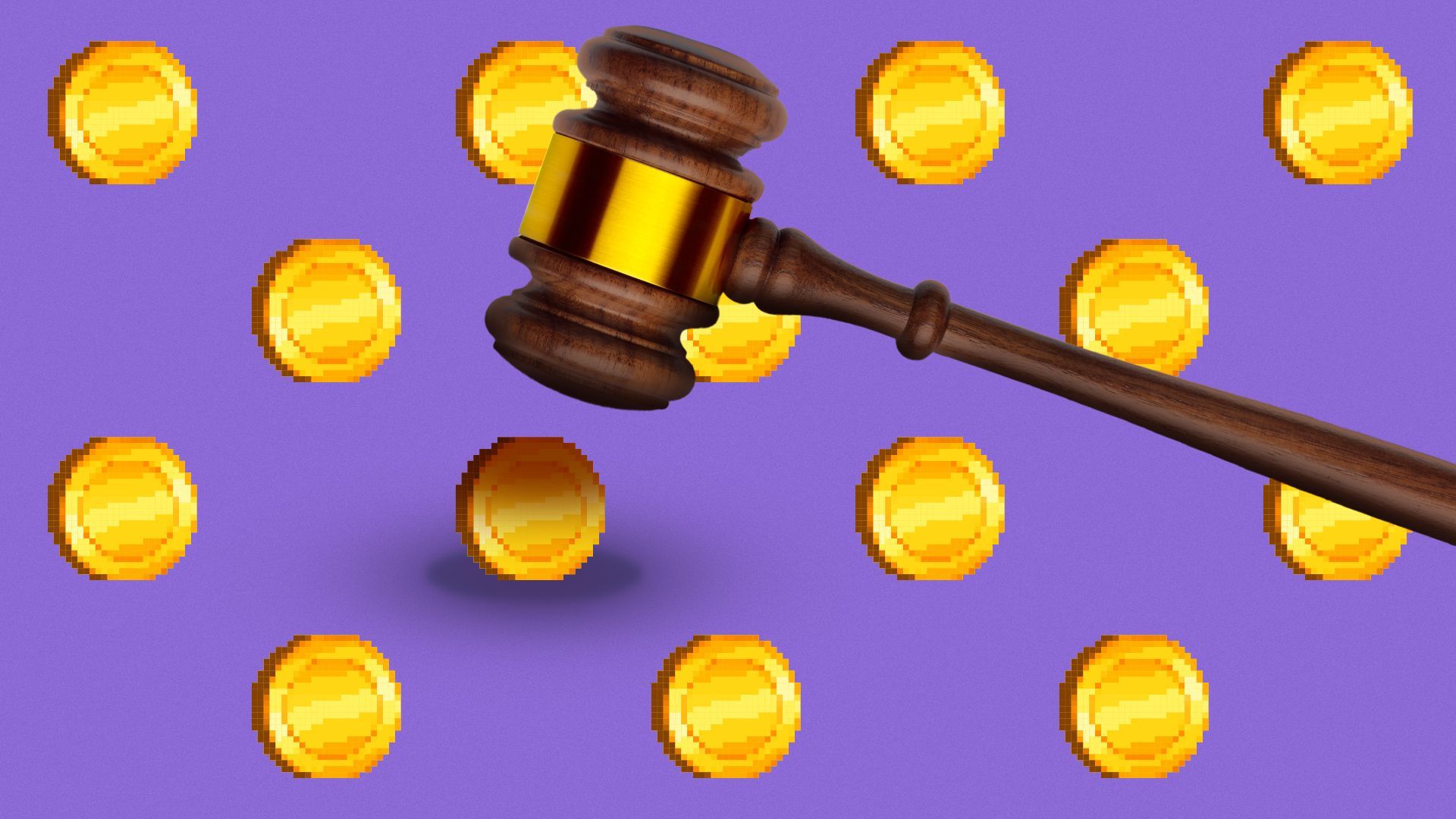 Illustration of a gavel hovering over a pattern of crypto coins about to smash one.