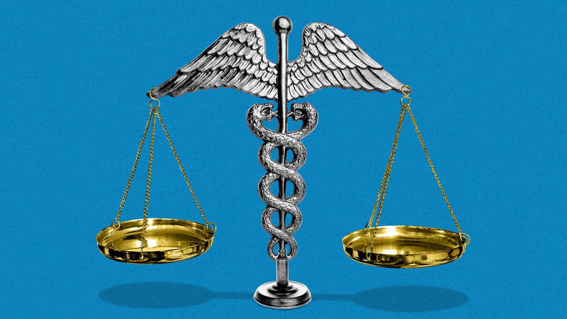 A caduceus with two gold plates from a scale of justice hanging from the wings of the staff