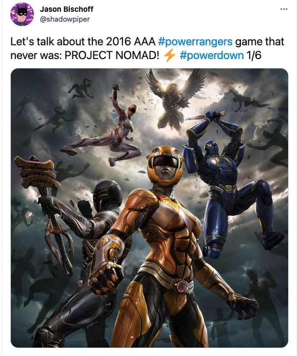 A tweet from Jason Bischoff discussing a canceled Power Rangers game.