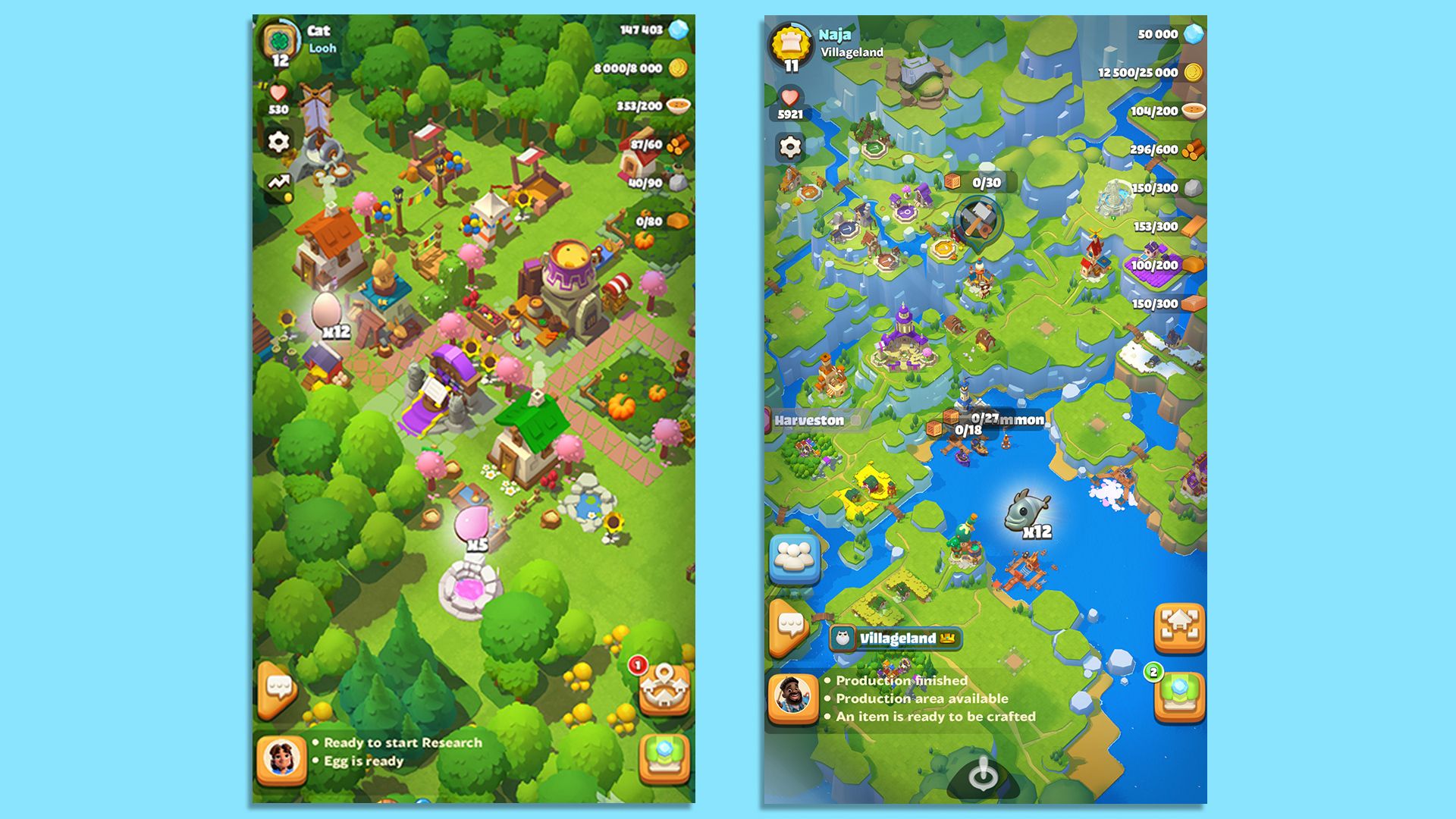 Two images of a mobile video game that involves building villages