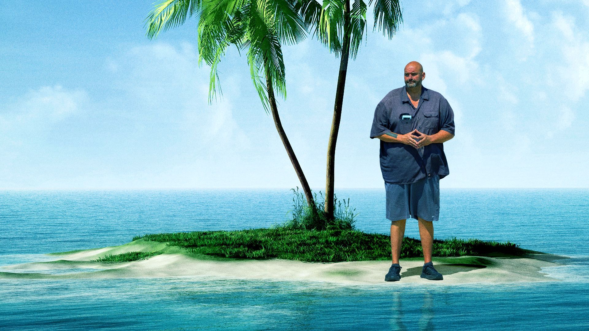 Photo illustration of John Fetterman on a desert island.