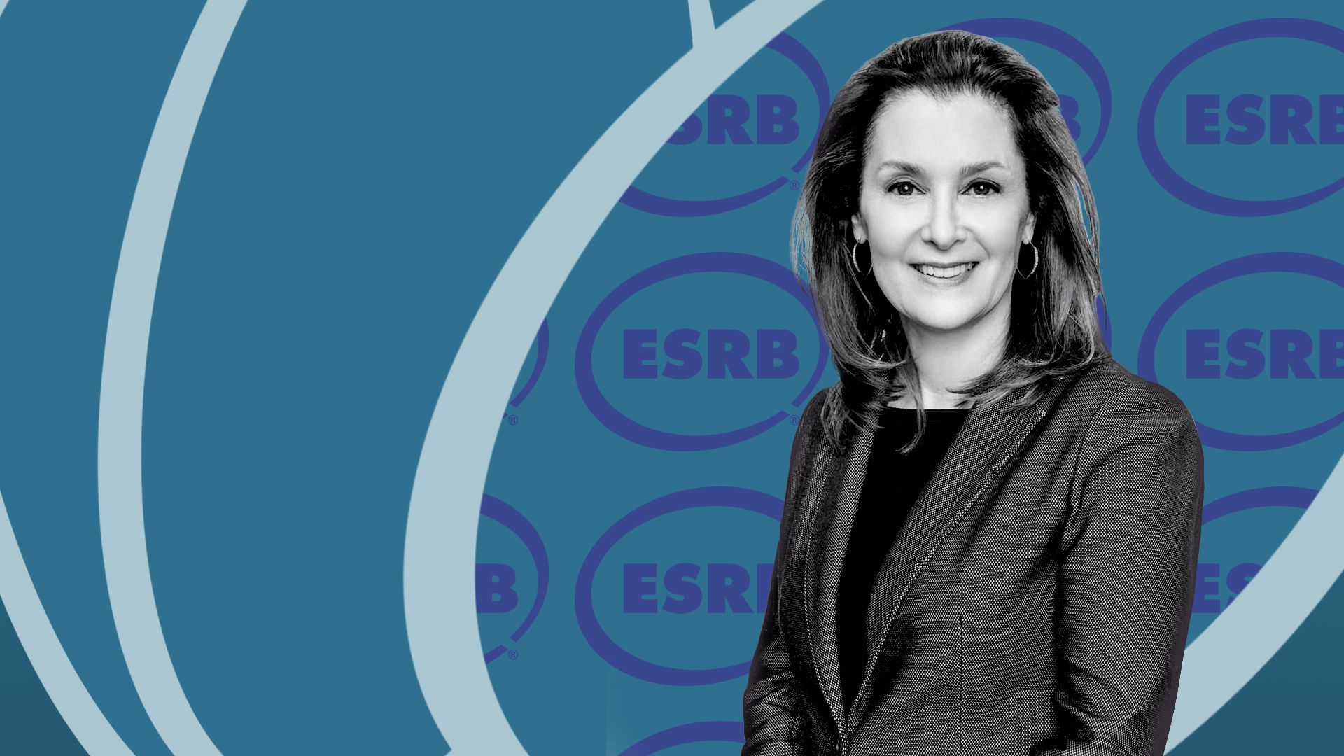 Photo illustration of Patricia Vance in front of the ESRB logo and shapes resembling the logo
