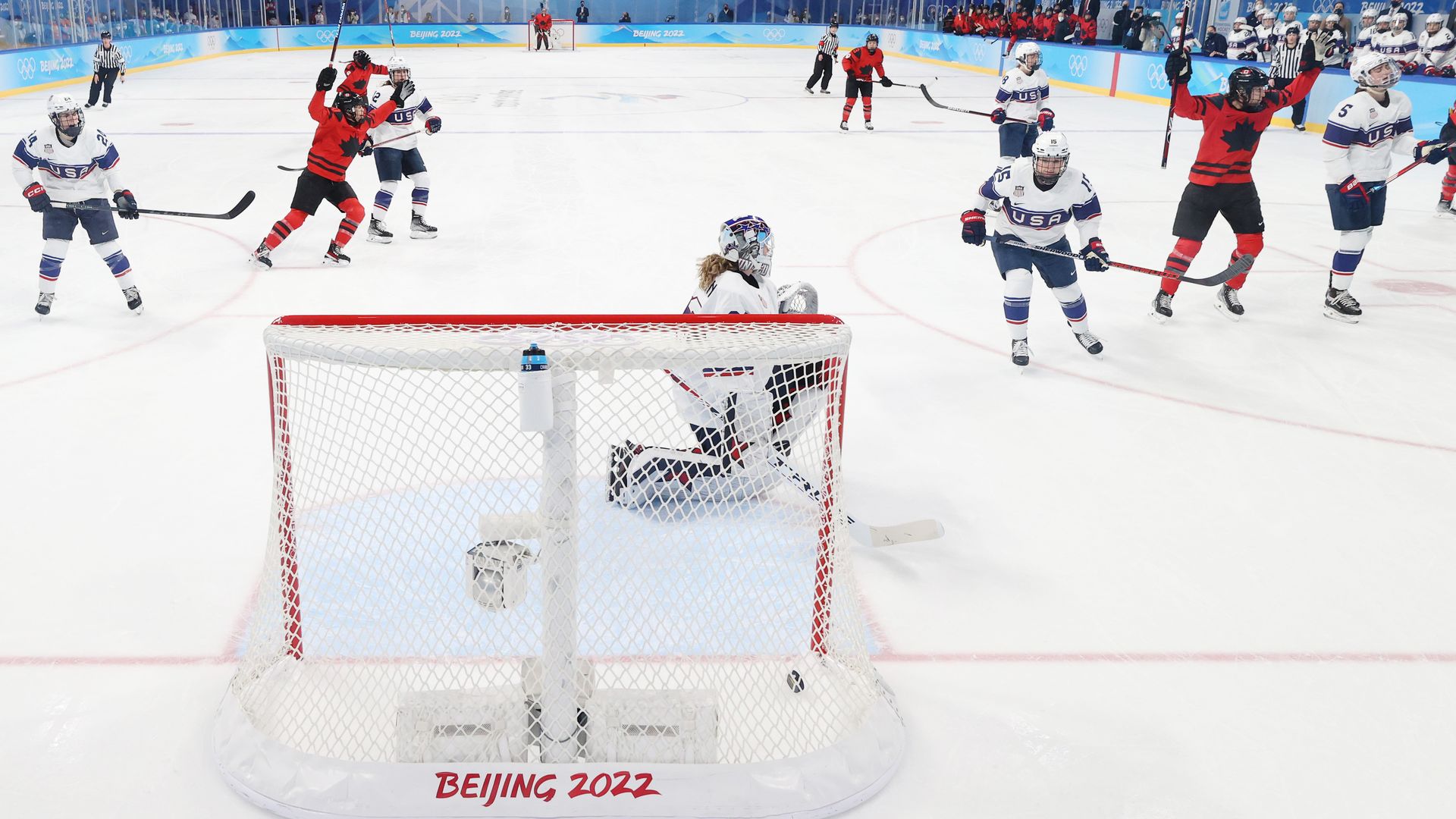 U.S. goaltender Alex Cavallini #33 looks on after Canada scored in the first period during the Women's Olympic Ice Hockey Gold Medal match Thursday.