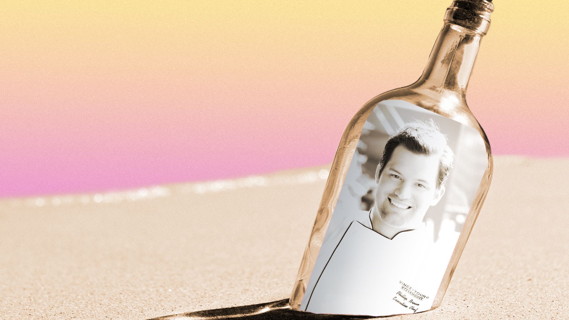 Photo Illustration of Phillip Brown inside a bottle on a beach.