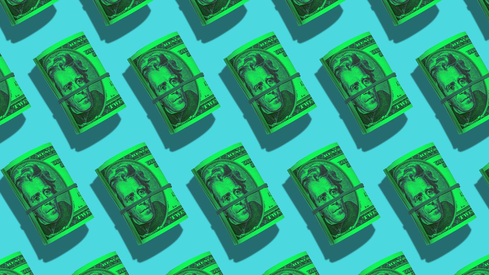 Illustration of a pattern of rolled up twenty dollar bills. 