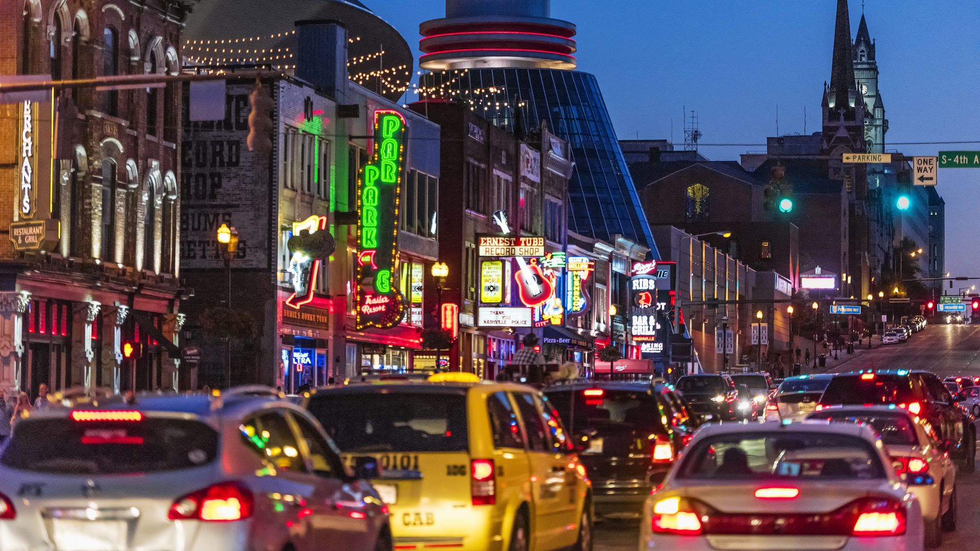 Traffic lined up on Broadway in Nashville