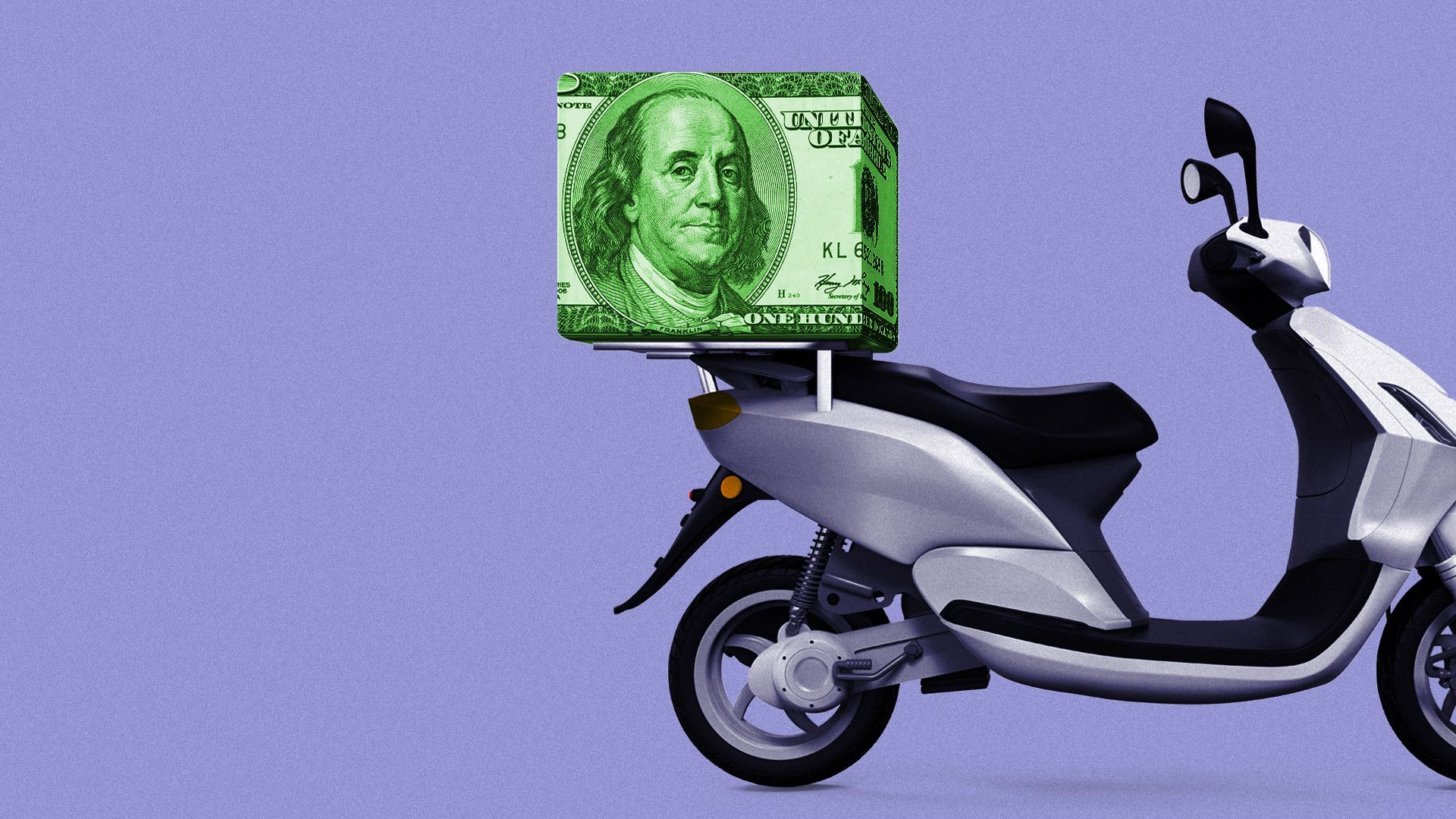 Illustration of a scooter with a delivery box on the back made from a $100 bill.