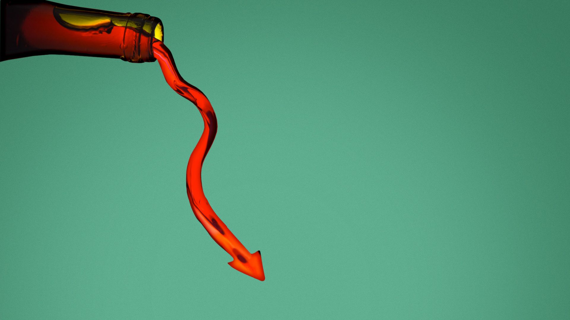Illustration of a wine bottle pouring out a stream of wine in the shape of a downward arrow.