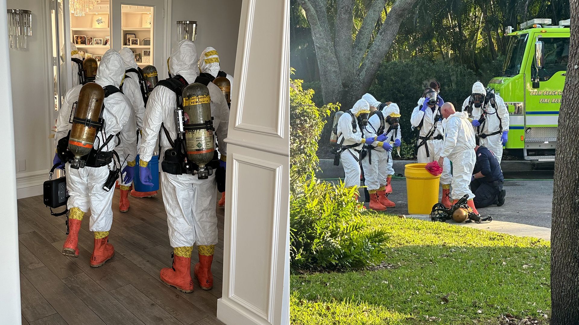 People in hazmat suits stand in a hallway (left), and outside around a yellow trash can (right) as they respond to an incident at the home of Donald Trump Jr. 