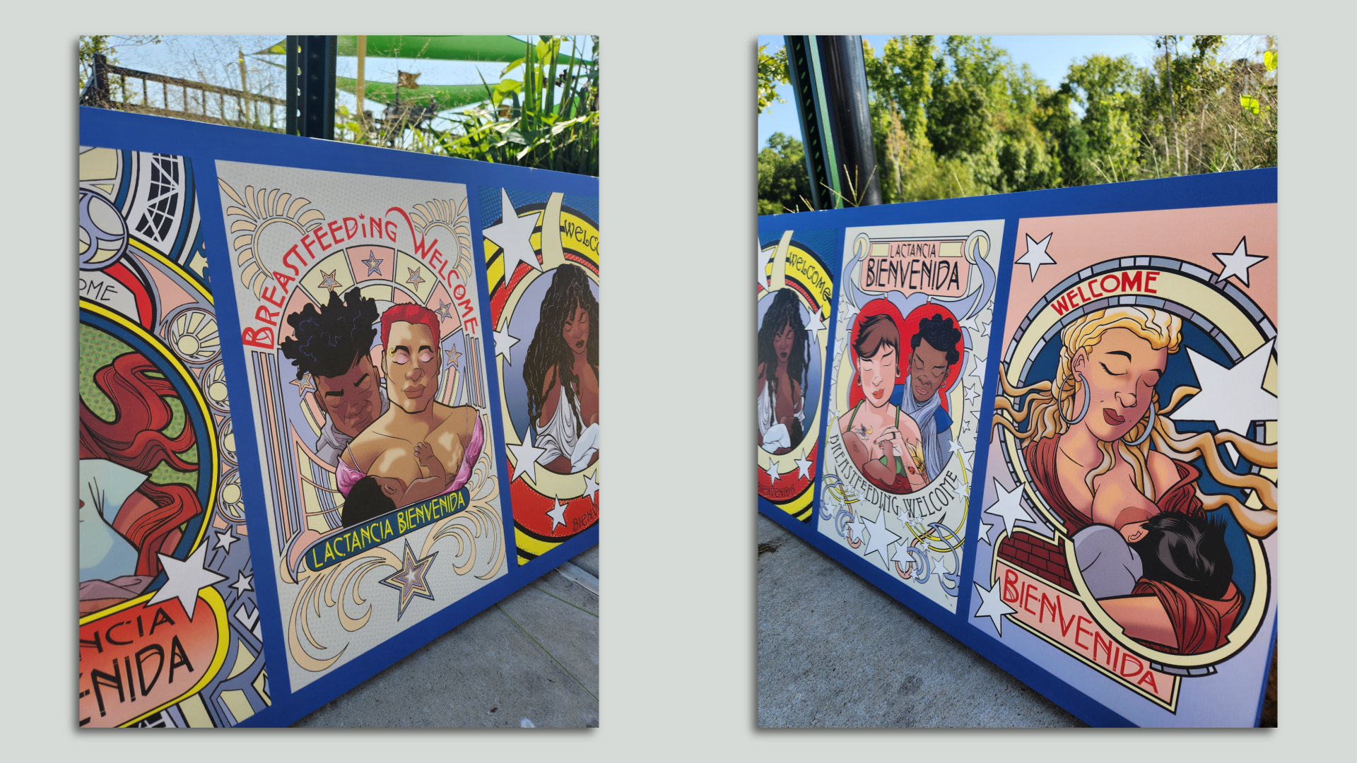 Pictures of photos going up in Durham Parks that read "Breastfeeding Welcome" or "Lactancia Bienvida"