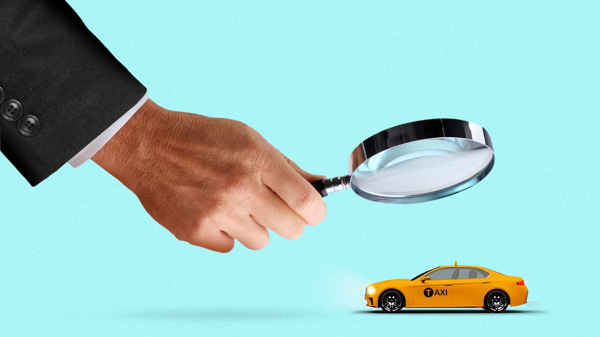 Illustration of a giant hand holding a magnifying glass over a small taxi with no driver. 