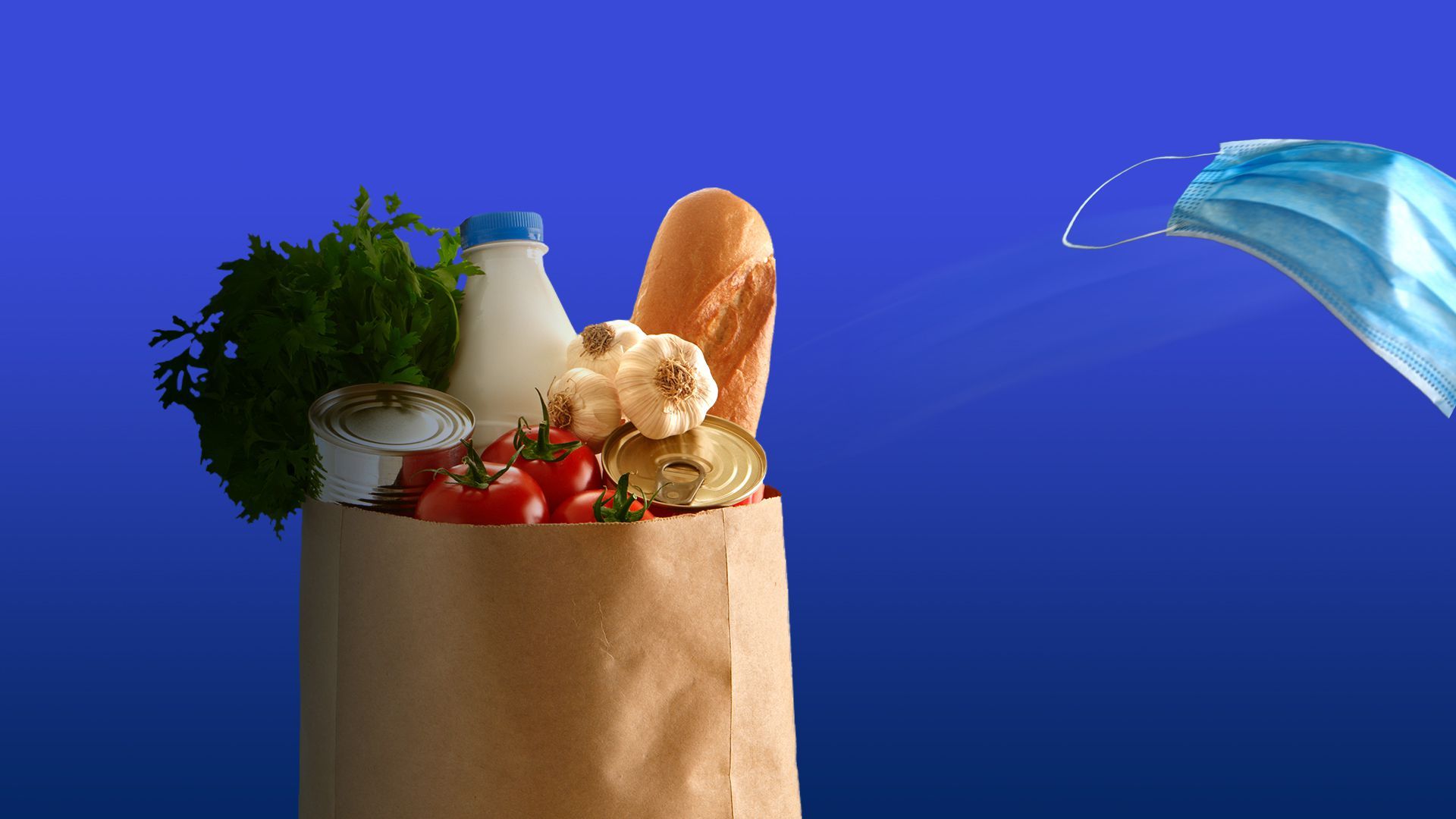 Illustration of a face mask flying away from a grocery bag