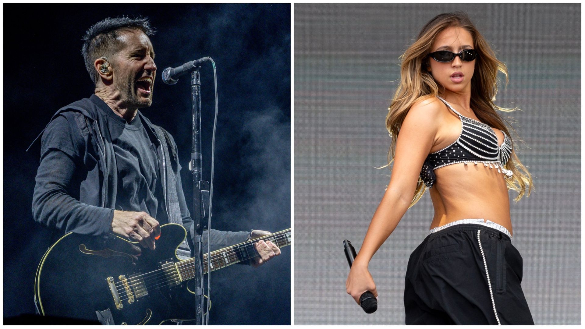 Split image of a male musician passionately singing and playing black electric guitar on left, and a female singer in a studded black crop top and pants holding a microphone, wearing sunglasses on right.