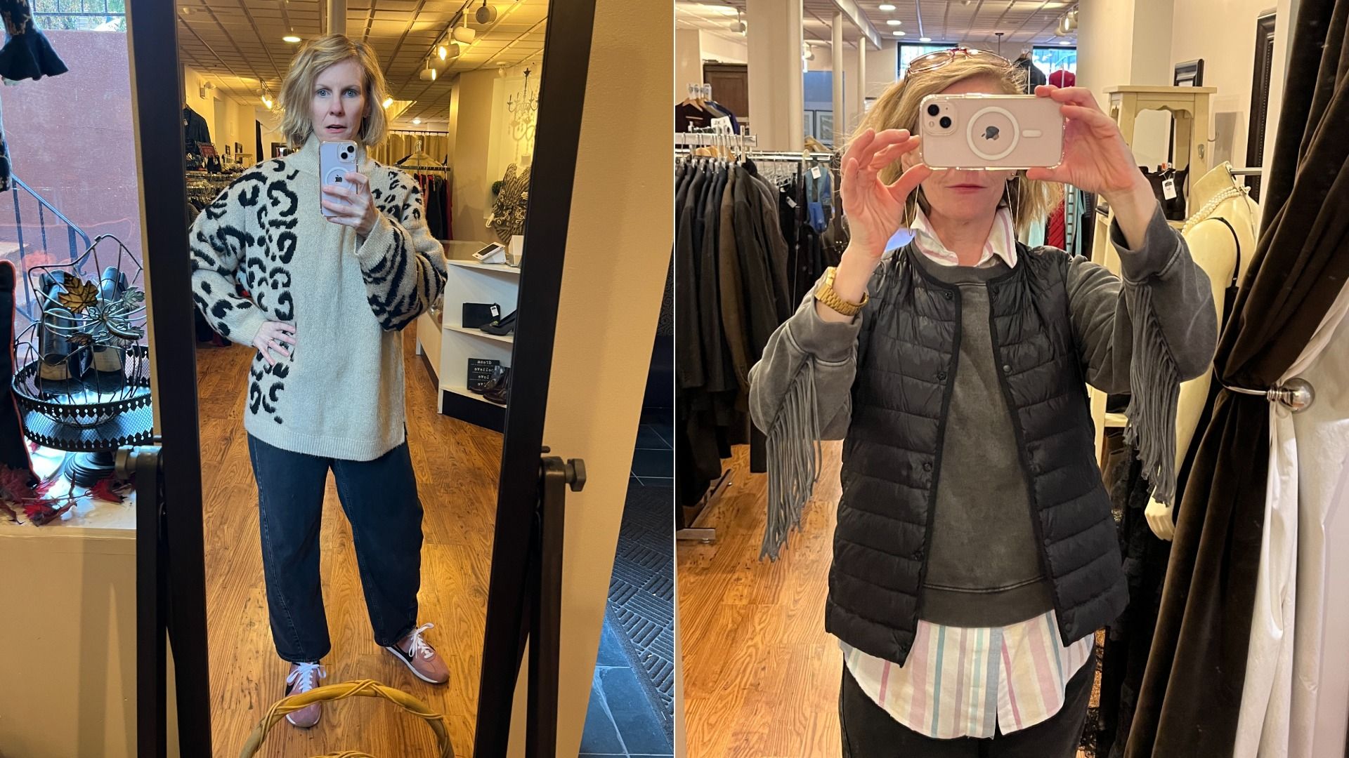 Left: Carrie Shepherd wearing beige leopard print sweater, black pants, pink shoes. Right: wearing black puffer vest, gray sweater with fringe sleeves, striped shirt.