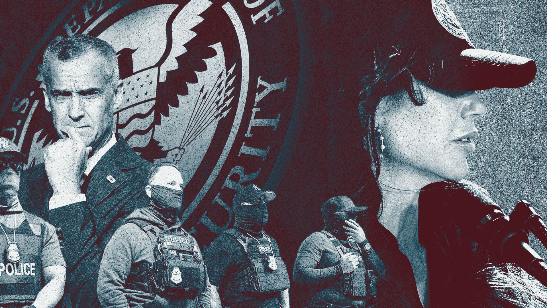 Photo illustration of a collage featuring Kristi Noem, Corey Lewandowski, federal immigration agents and the Department of Homeland Security seal.