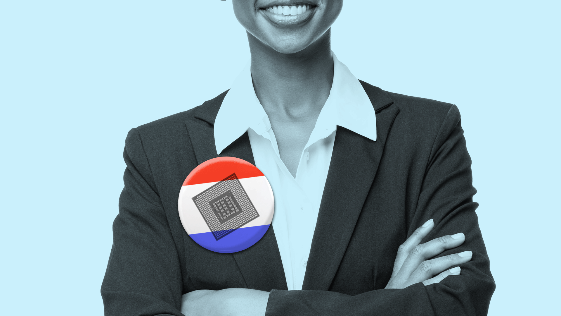 Animated GIF of candidate with button featuring various tech symbols