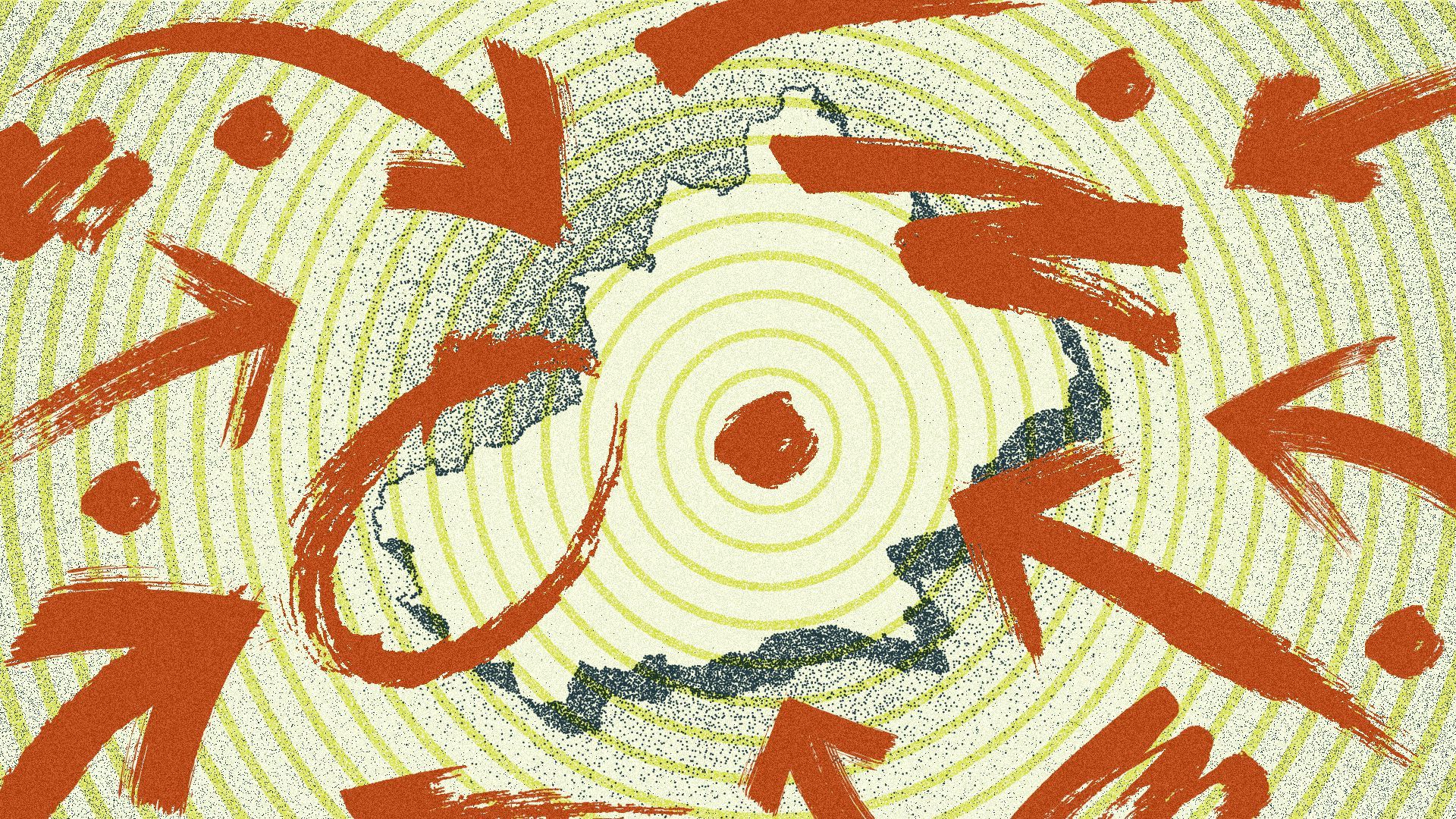 Illustration of a map of Xinjiang province with hand drawn arrows, dots and lines pointing towards its center.