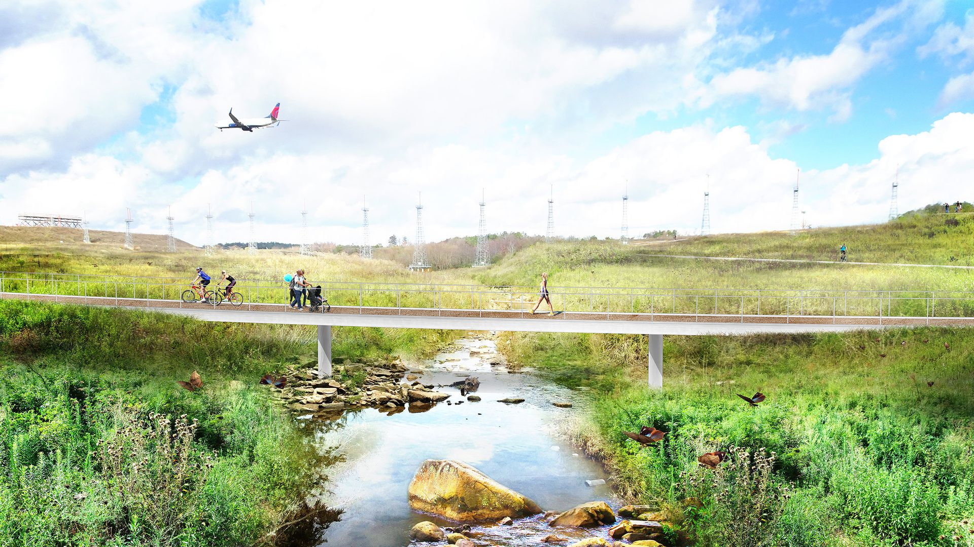 A rendering of a pedestrian and bicycle bridge crossing a river near an airport