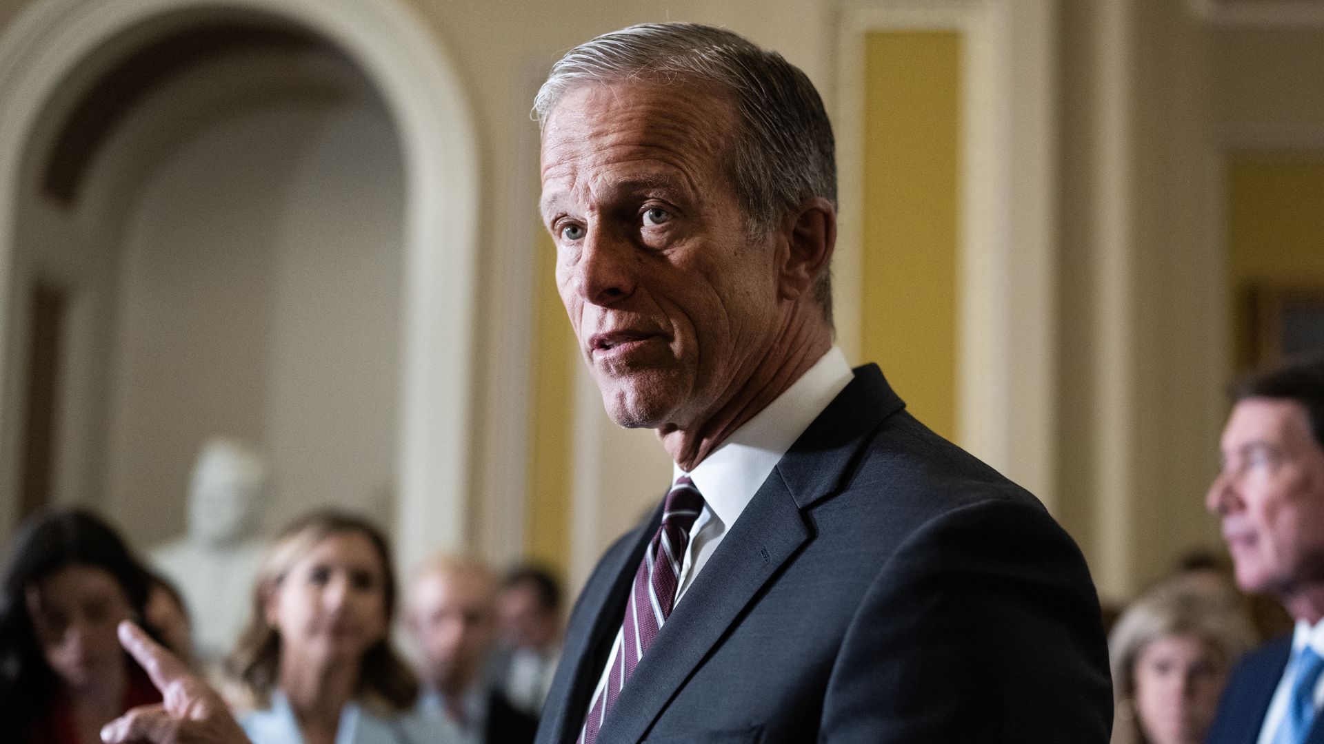 Senate Majority Leader John Thune, R-S.D., conducts a news conference after the senate luncheons 