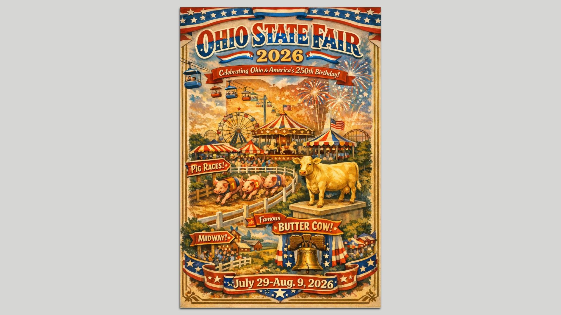 A vintage, AI-generated poster for the Ohio State Fair 2026 with fireworks, a ferris wheel, tents, cows, and banners; bold red, white, and blue colors and the dates July 29–Aug. 9, 2026.
