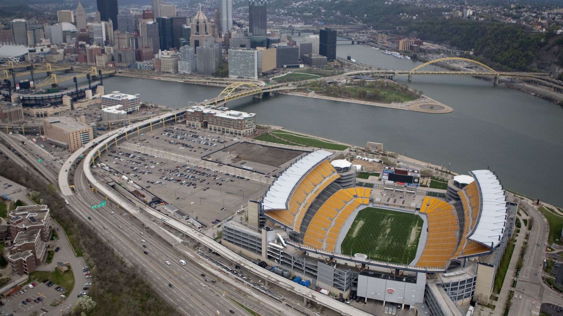 Acrisure Stadium stands before the Pittsburgh skyline in Pennsylvania, U.S., in this aerial photo taken on Friday, April 9, 2010. Photographer: Andrew Harrer/Bloomberg via Getty Images