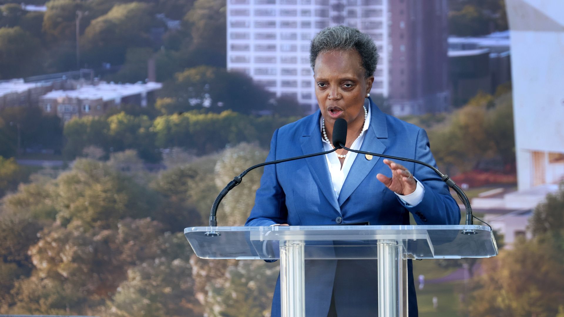 Chicago mayor Lori Lightfoot speaks during a ceremonial groundbreaking at the Obama Presidential Center in Jackson Park on September 28, 2021 in Chicago, Illinois.