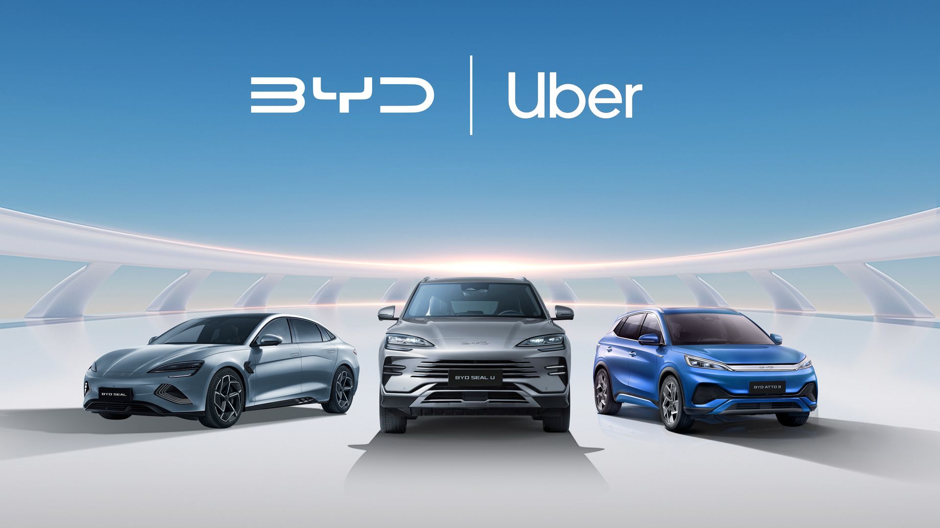 photo illustration of three vehicles with BYD and Uber logos at top